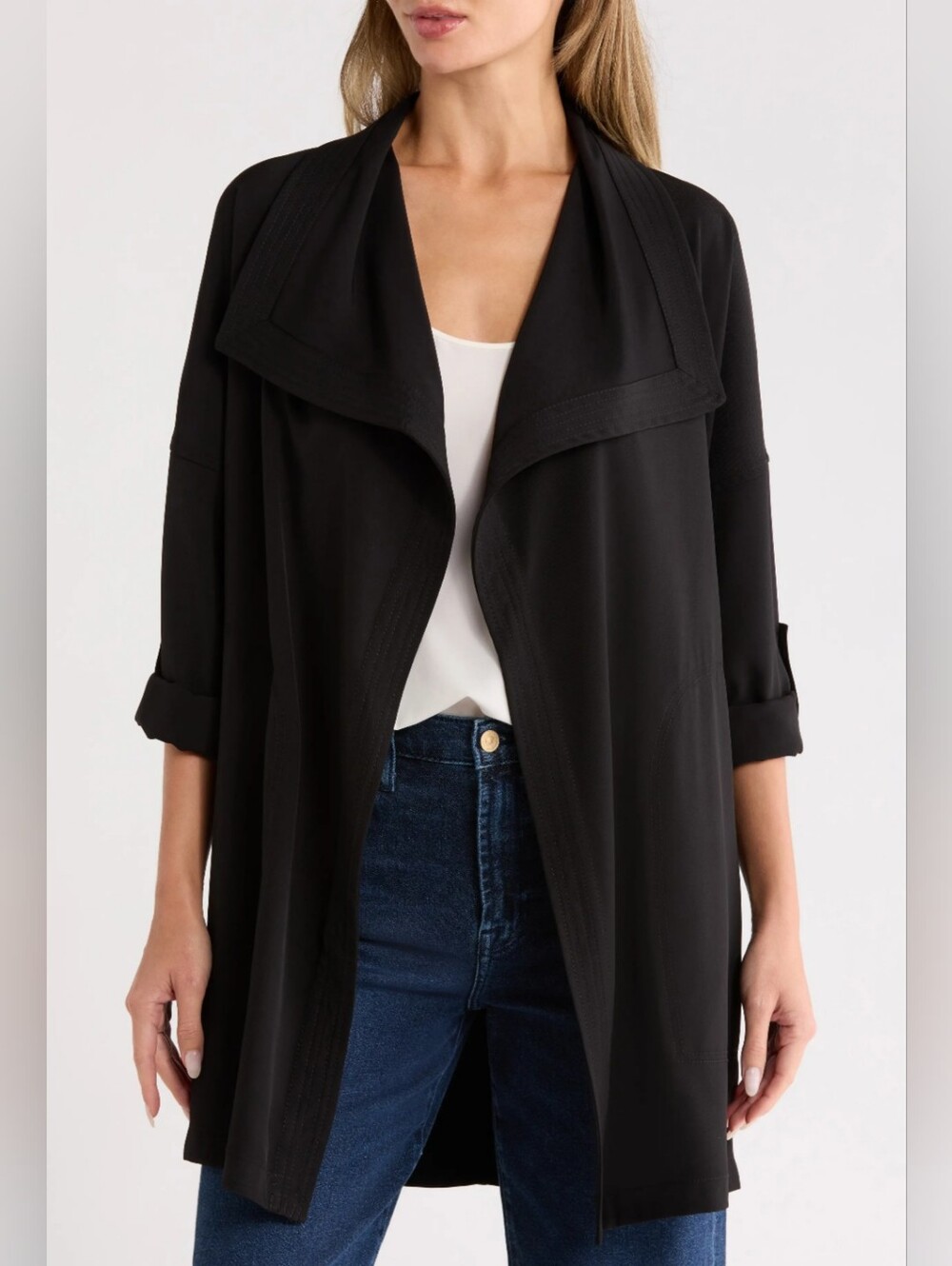 Max Studio Black Open-Front Draped Cardigan